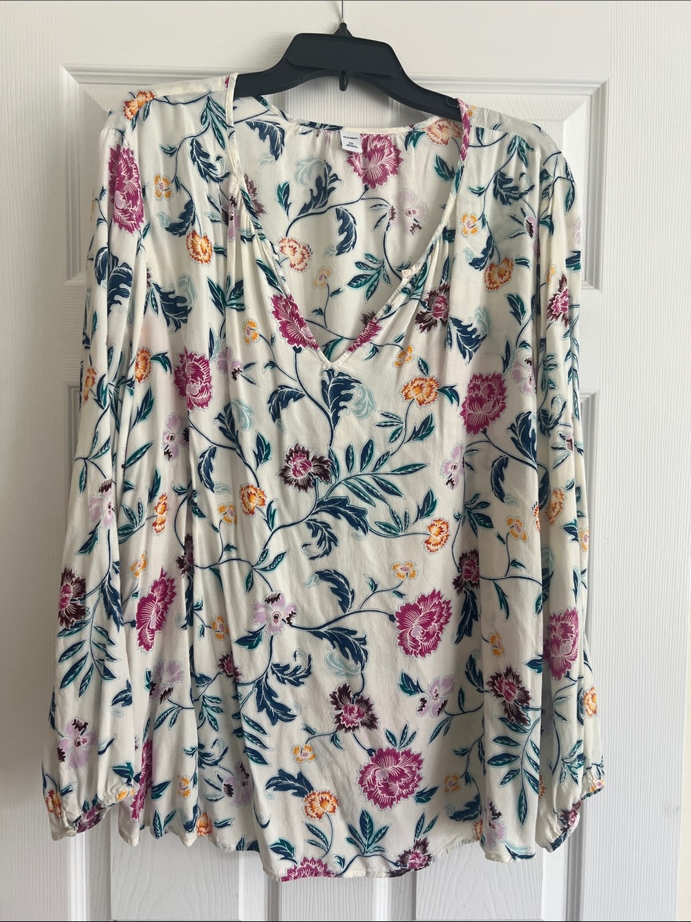 Old Navy Cream Blouse with Pink, Teal & Yellow Floral Print
